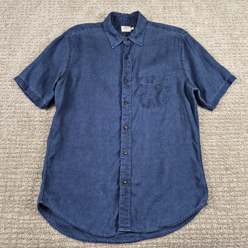 Faherty Shirt Mens M Blue Palma Linen Short Sleeve Indigo Basketweave Chambray